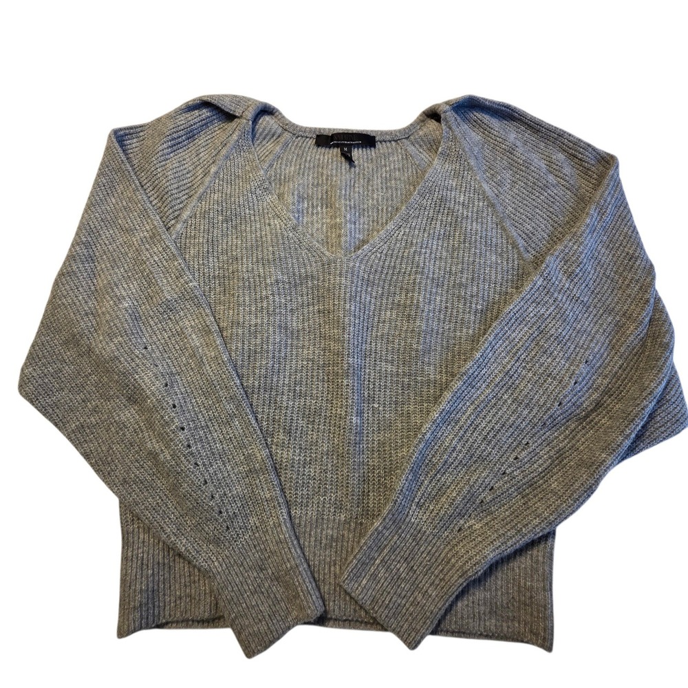 White House Black Market Sweater Women M Gray Good Ribbed V-Neck Pointelle